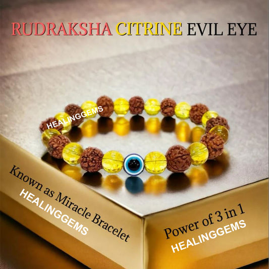 Rudraksha Evil Eye Citrine Bracelet for Protection, Prosperity, and Positive Energy | Healing Gemstone Bracelet for Men and Women